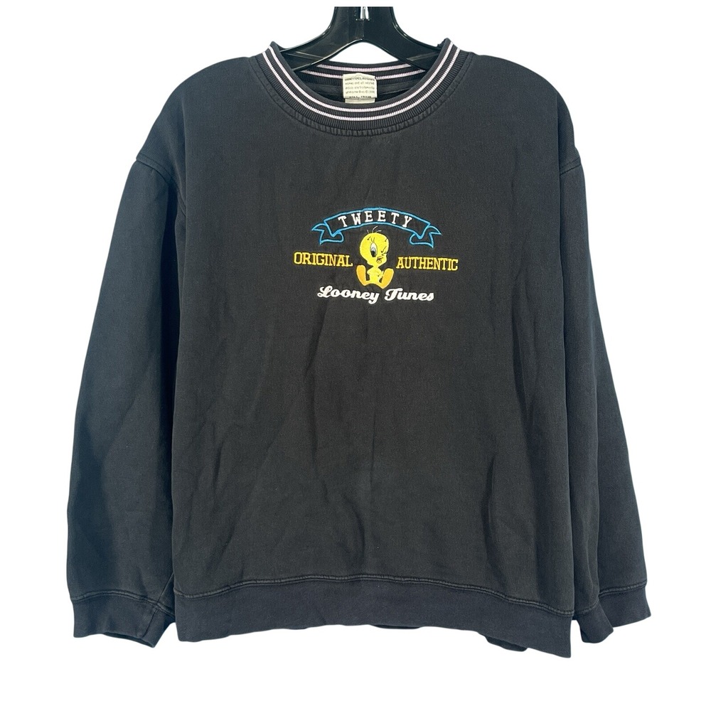 VTG LOONEY TUNES Embroidered Tweety Bird BLACK Banded Hem Sweatshirt Sz M/L